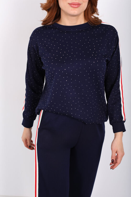 Taşlı Şerit Detaylı Kadın Lacivert Takım - Berox (1)