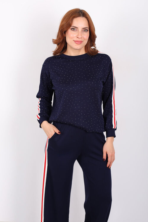 Taşlı Şerit Detaylı Kadın Lacivert Takım - 4