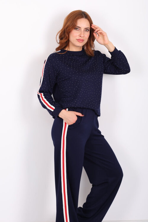 Taşlı Şerit Detaylı Kadın Lacivert Takım - Berox