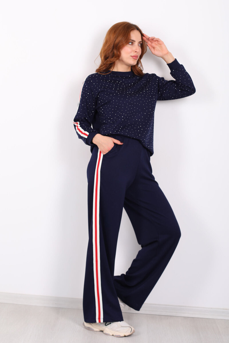 Taşlı Şerit Detaylı Kadın Lacivert Takım - 6