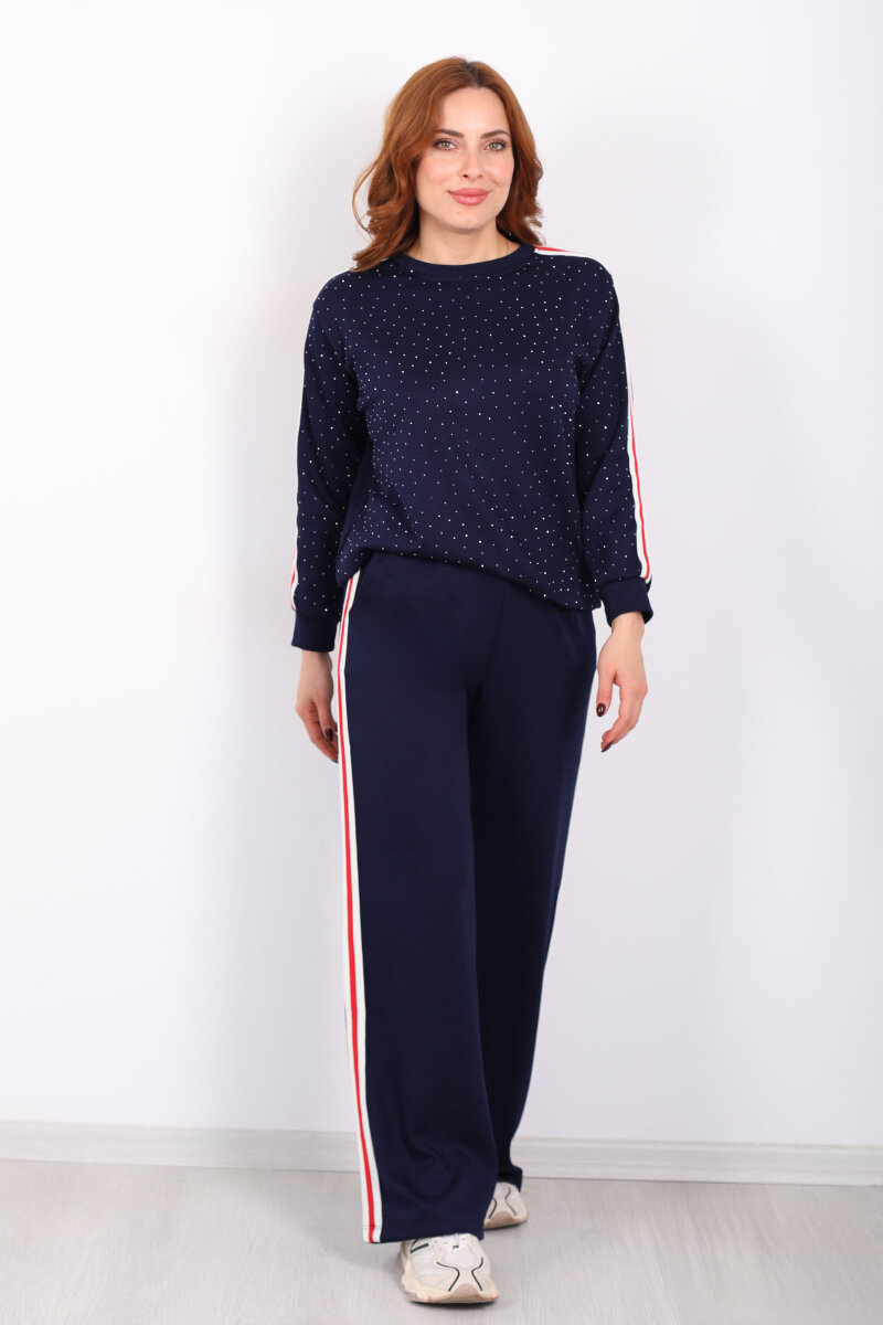 Taşlı Şerit Detaylı Kadın Lacivert Takım - 5