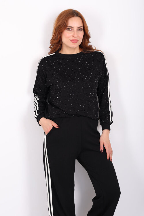 Taşlı Şerit Detaylı Kadın Siyah Takım - Berox