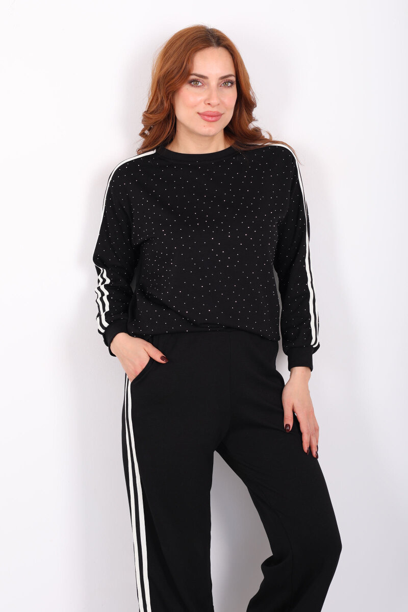Taşlı Şerit Detaylı Kadın Siyah Takım - 1