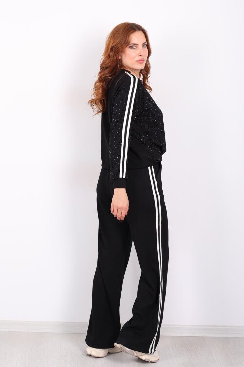 Taşlı Şerit Detaylı Kadın Siyah Takım - 5