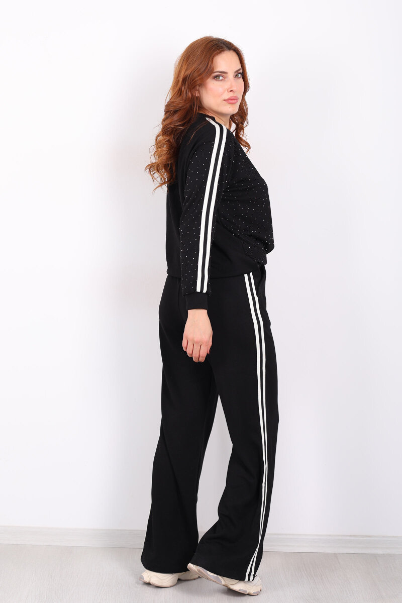Taşlı Şerit Detaylı Kadın Siyah Takım - 5