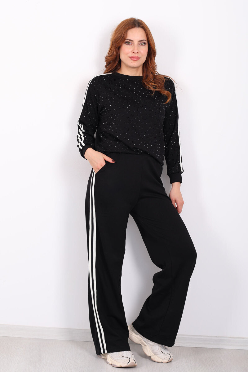 Taşlı Şerit Detaylı Kadın Siyah Takım - 3