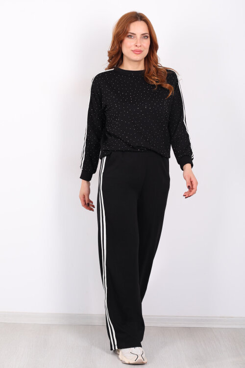 Taşlı Şerit Detaylı Kadın Siyah Takım - 6