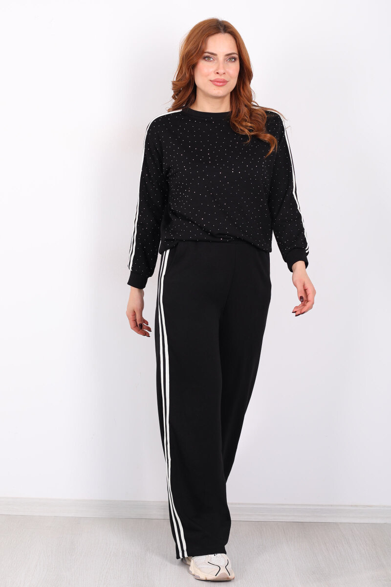 Taşlı Şerit Detaylı Kadın Siyah Takım - 6