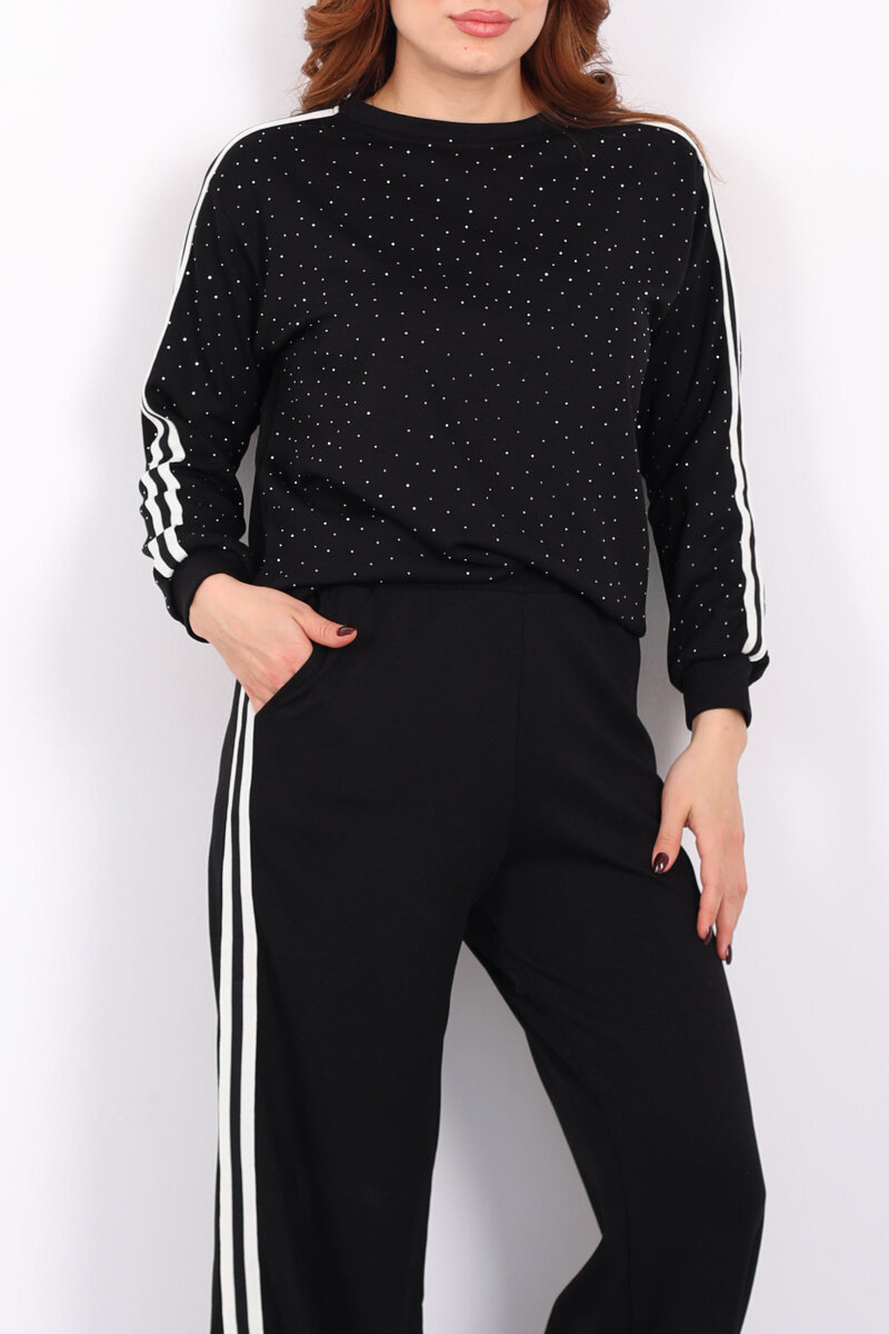 Taşlı Şerit Detaylı Kadın Siyah Takım - 2