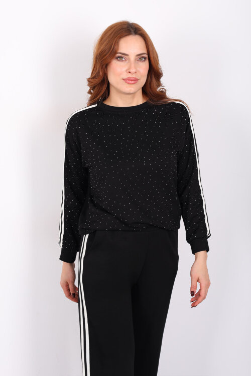 Taşlı Şerit Detaylı Kadın Siyah Takım - 4