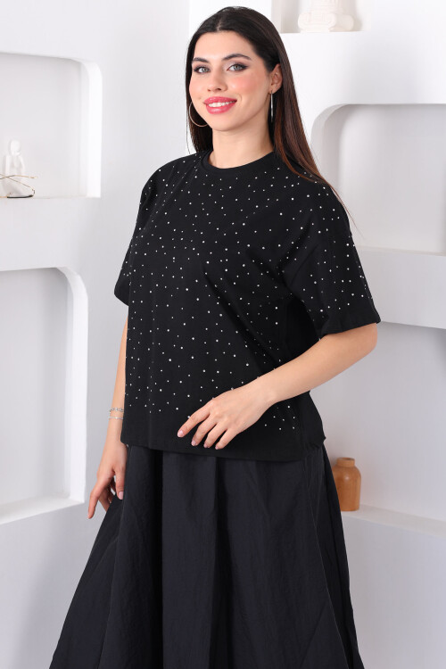 Taşlı Siyah Kadın T-Shirt 