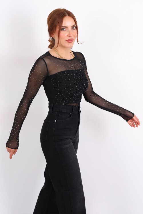 Taşlı Siyah Kadın Tül Bluz - 4