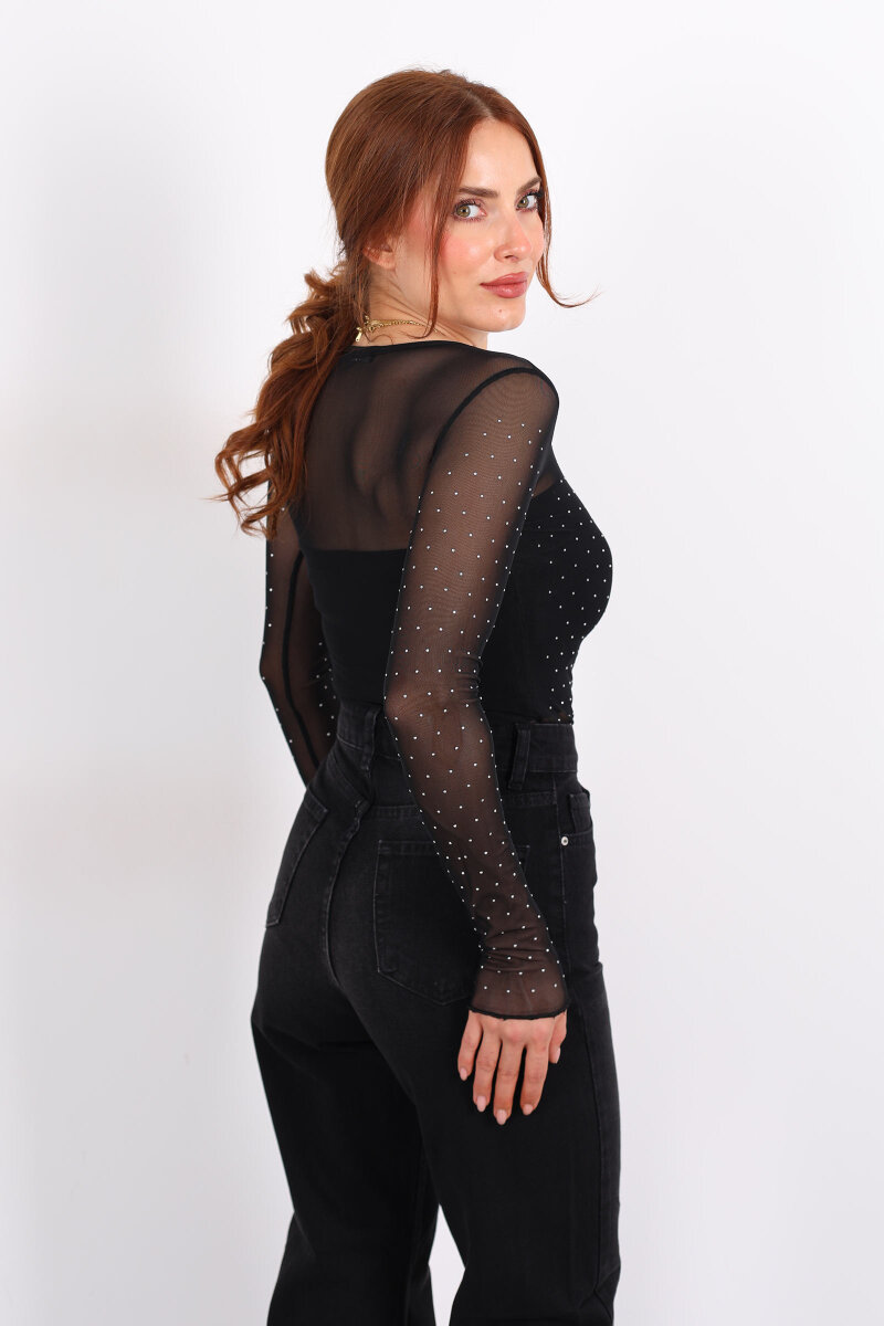 Taşlı Siyah Kadın Tül Bluz - 5