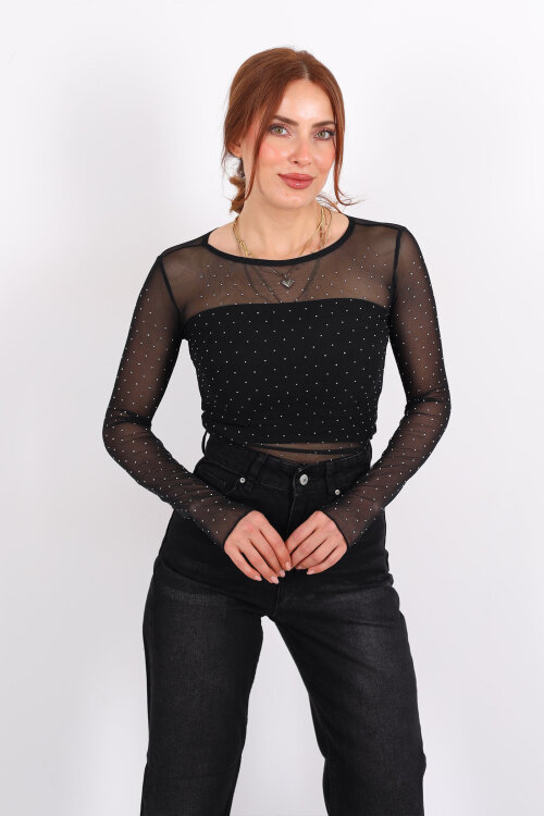 Taşlı Siyah Kadın Tül Bluz - Berox