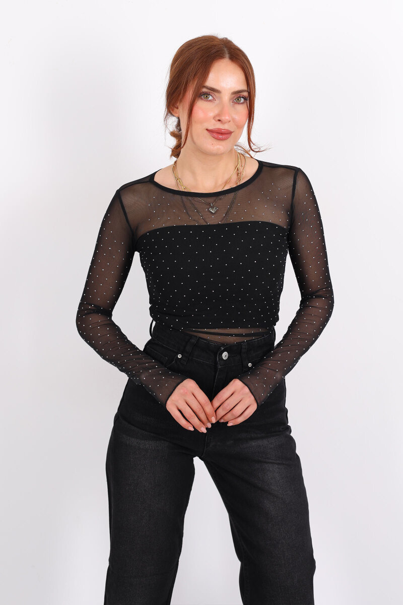 Taşlı Siyah Kadın Tül Bluz - 1