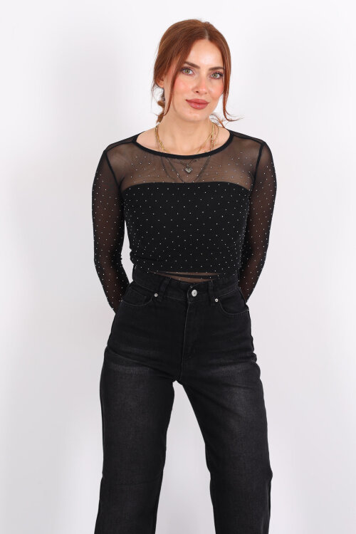 Taşlı Siyah Kadın Tül Bluz - 6