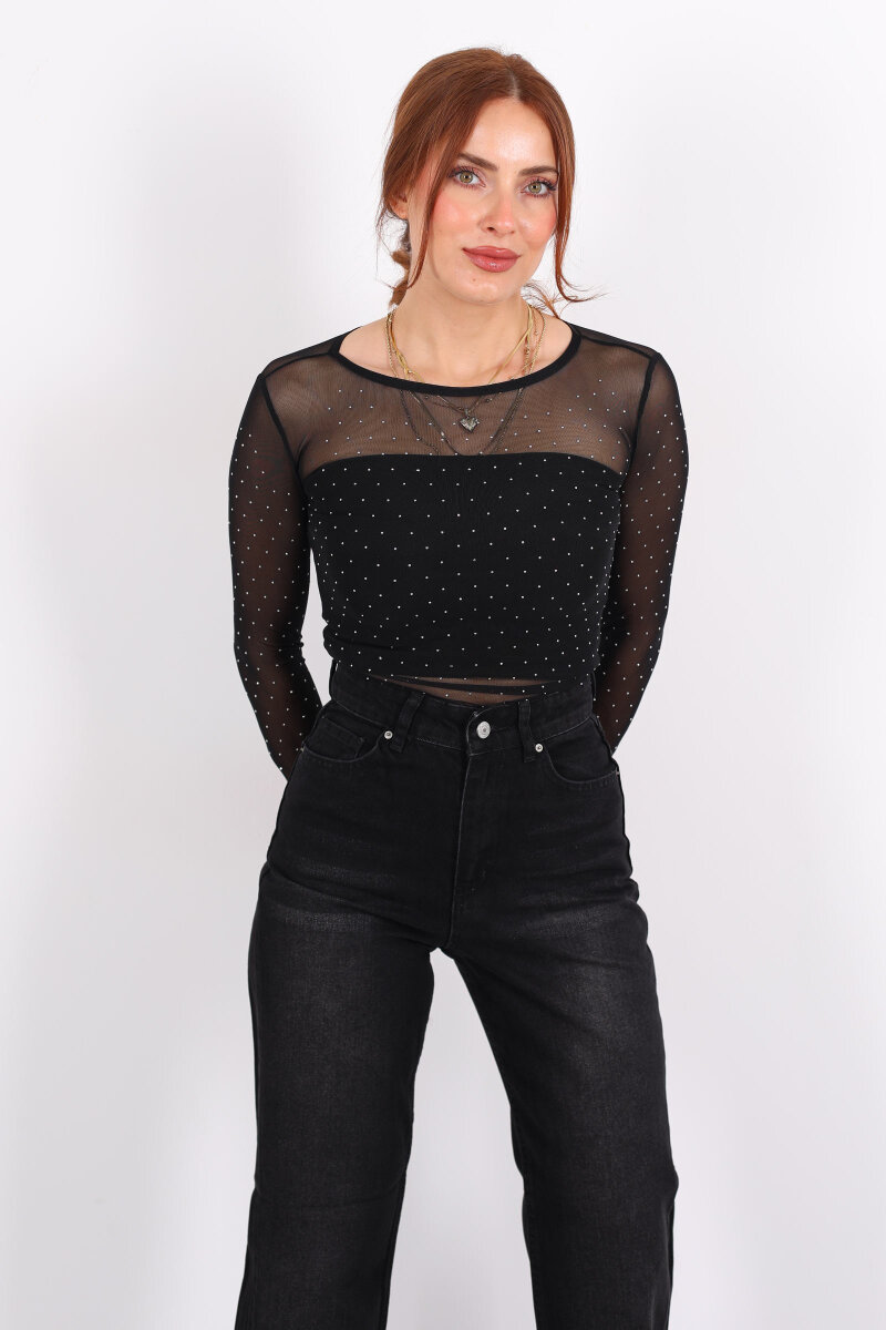 Taşlı Siyah Kadın Tül Bluz - 6