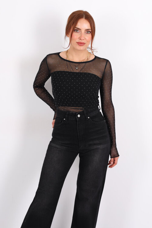 Taşlı Siyah Kadın Tül Bluz - 3