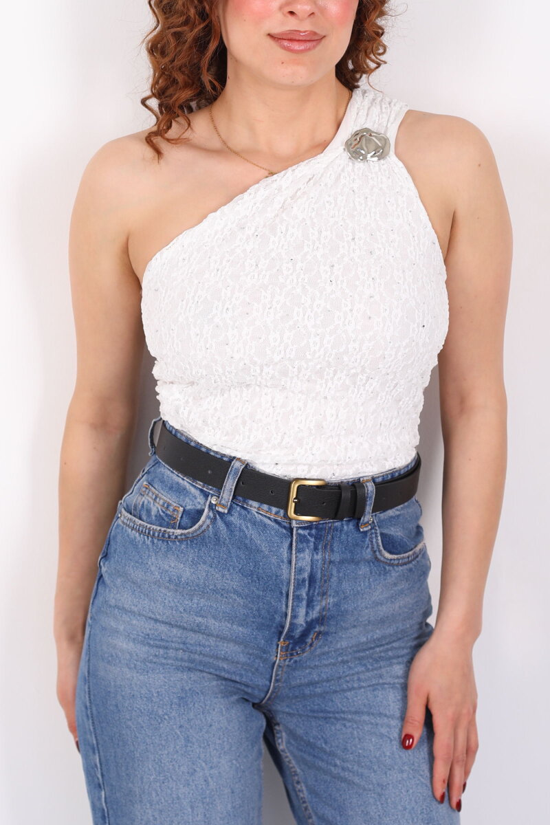 Taşlı Tek Kol Aksesuarlı Drapeli Beyaz Kadın Dantel Bluz - 2