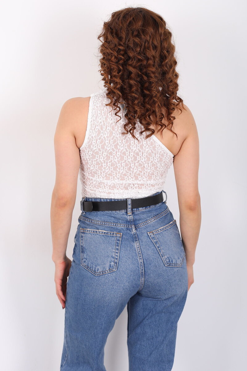 Taşlı Tek Kol Aksesuarlı Drapeli Beyaz Kadın Dantel Bluz - 4