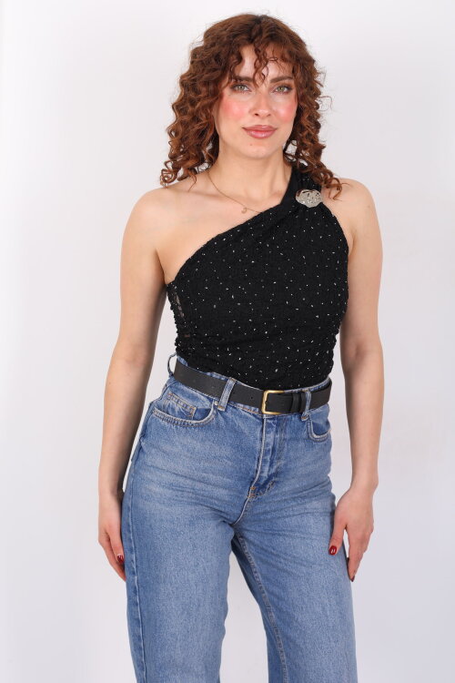 Taşlı Tek Kol Aksesuarlı Drapeli Siyah Kadın Dantel Bluz - 3