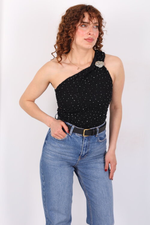 Taşlı Tek Kol Aksesuarlı Drapeli Siyah Kadın Dantel Bluz - 6