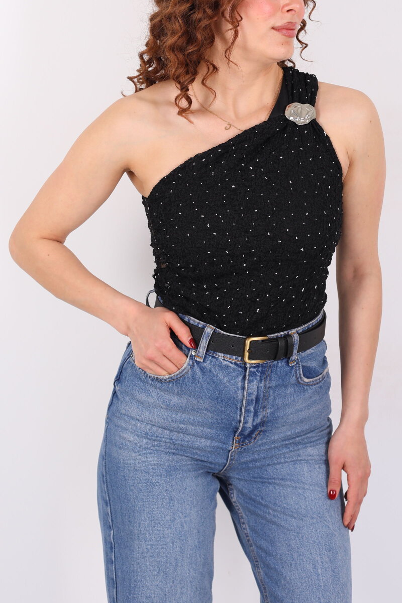 Taşlı Tek Kol Aksesuarlı Drapeli Siyah Kadın Dantel Bluz - 4