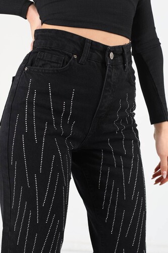 Taşlı Yüksek Bel Füme Kadın Mom Jean - 3