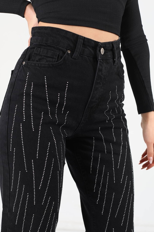 Taşlı Yüksek Bel Füme Kadın Mom Jean - 3