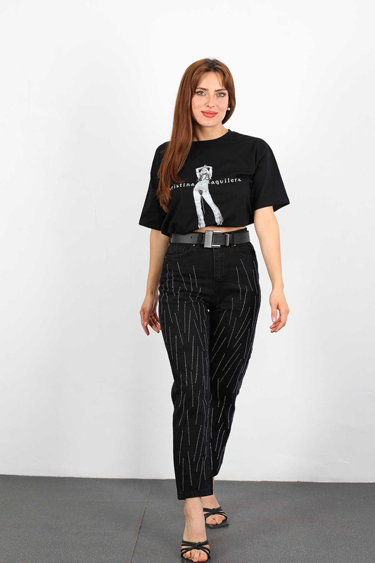 Taşlı Yüksek Bel Füme Kadın Mom Jean - 5