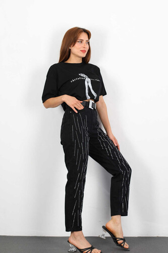 Taşlı Yüksek Bel Füme Kadın Mom Jean - 4