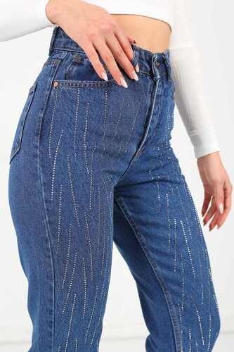 Taşlı Yüksek Bel Koyu Buz Kadın Mom Jean - 3