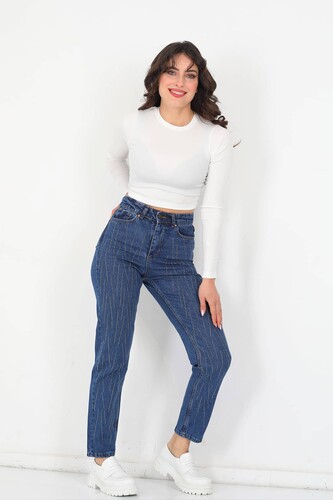 Taşlı Yüksek Bel Koyu Buz Kadın Mom Jean 
