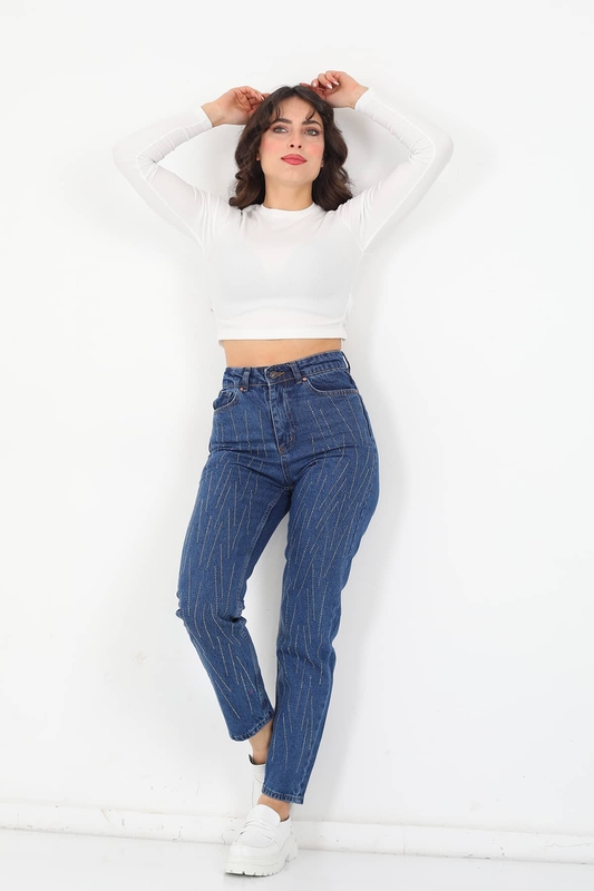 Taşlı Yüksek Bel Koyu Buz Kadın Mom Jean - 2