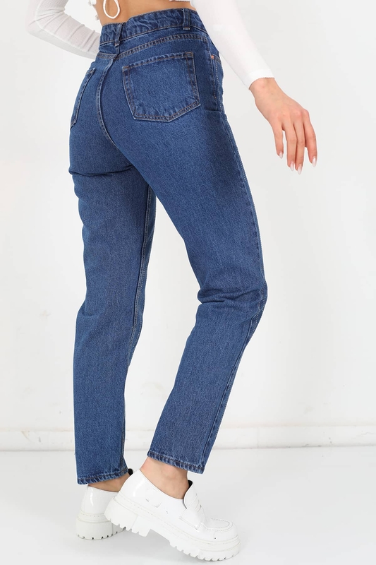 Taşlı Yüksek Bel Koyu Buz Kadın Mom Jean - 5