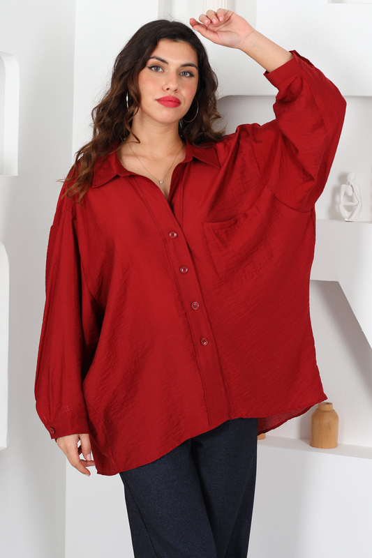 Tek Cep Oversize Bordo Kadın Viskon Gömlek - 3