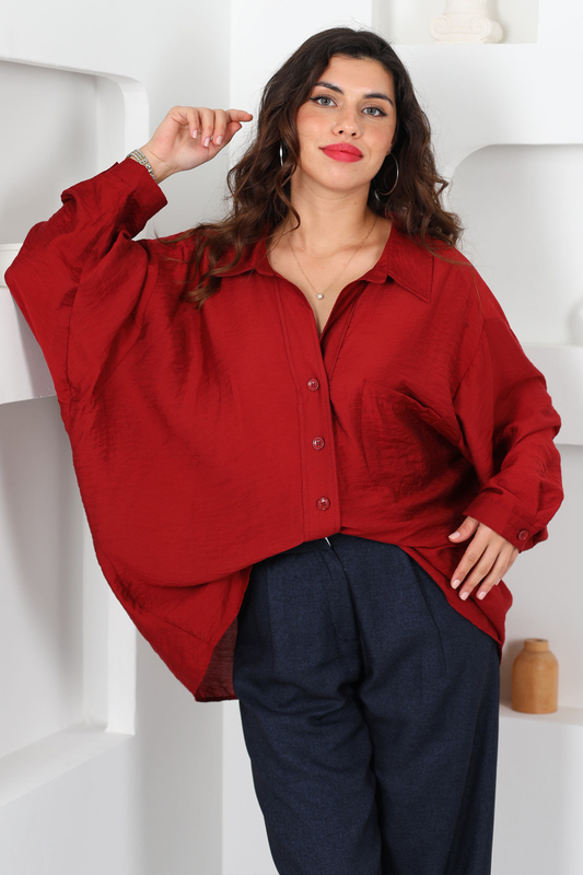 Tek Cep Oversize Bordo Kadın Viskon Gömlek - 4