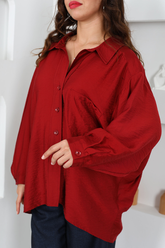 Tek Cep Oversize Bordo Kadın Viskon Gömlek - 5