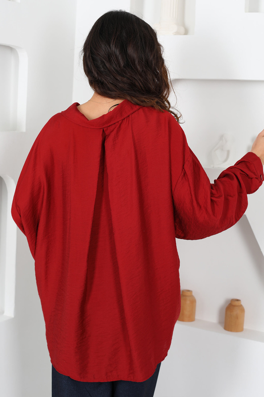 Tek Cep Oversize Bordo Kadın Viskon Gömlek - 6