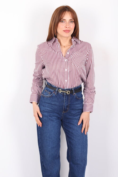 Tek Cepli Çizgili Kadın Bordo Poplin Gömlek - 7