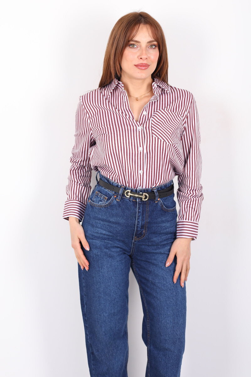 Tek Cepli Çizgili Kadın Bordo Poplin Gömlek - 7