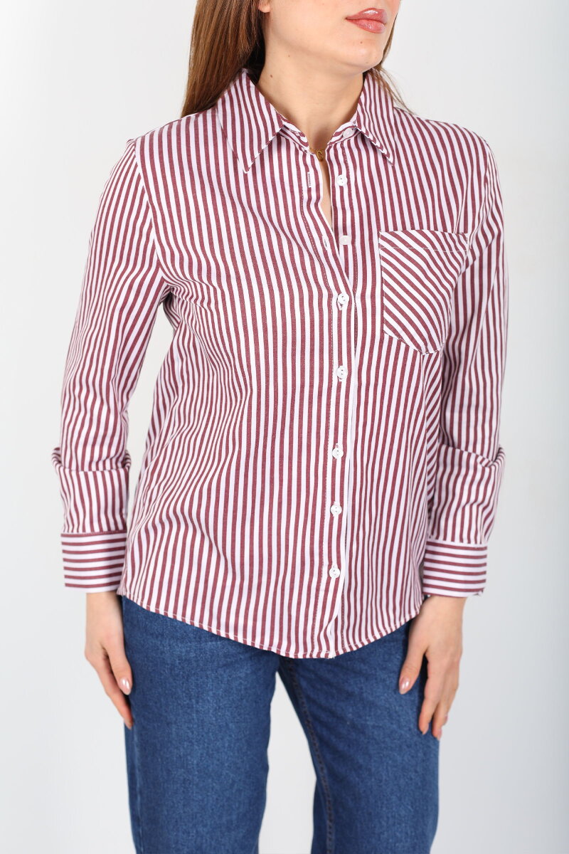 Tek Cepli Çizgili Kadın Bordo Poplin Gömlek - 2