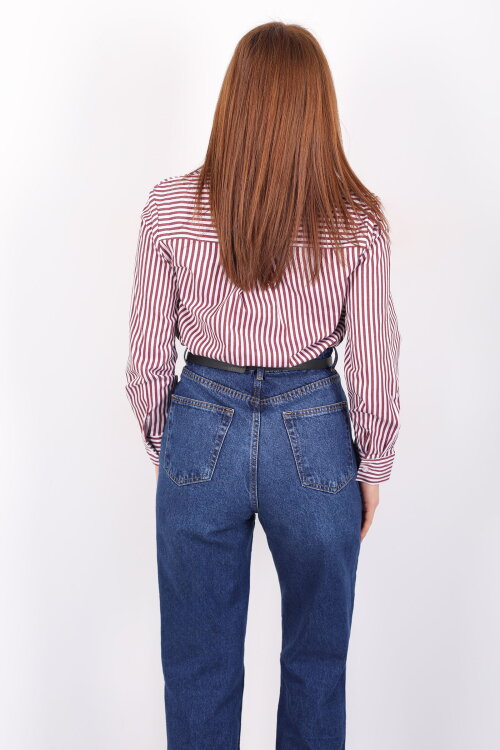 Tek Cepli Çizgili Kadın Bordo Poplin Gömlek - 6