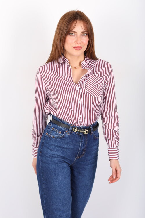 Tek Cepli Çizgili Kadın Bordo Poplin Gömlek - 5