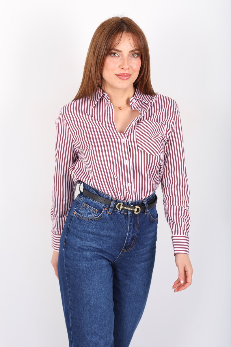 Tek Cepli Çizgili Kadın Bordo Poplin Gömlek - 5