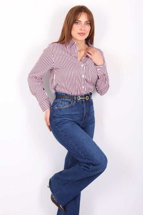 Tek Cepli Çizgili Kadın Bordo Poplin Gömlek - 3