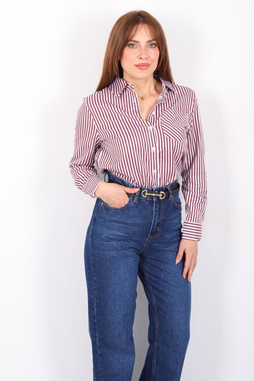 Tek Cepli Çizgili Kadın Bordo Poplin Gömlek - Berox