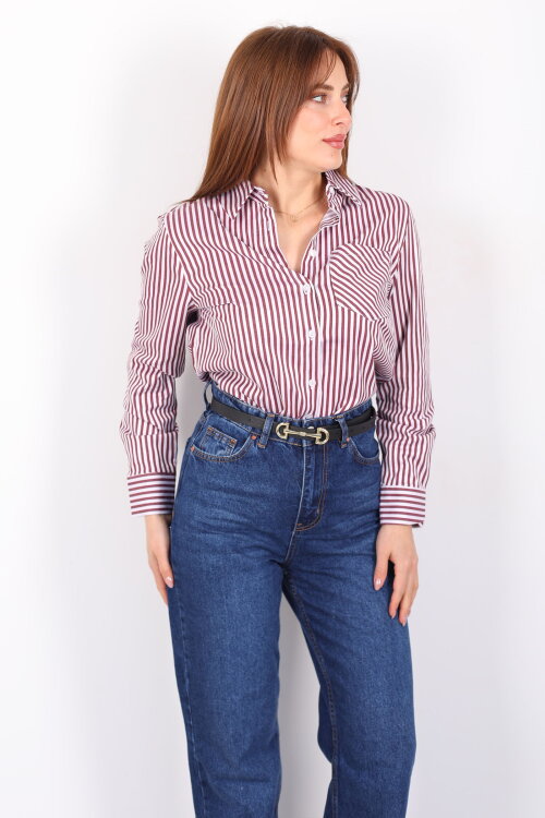 Tek Cepli Çizgili Kadın Bordo Poplin Gömlek - 4