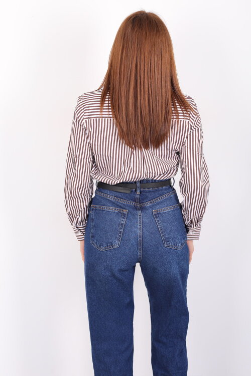 Tek Cepli Çizgili Kadın Kahverengi Poplin Gömlek - 5