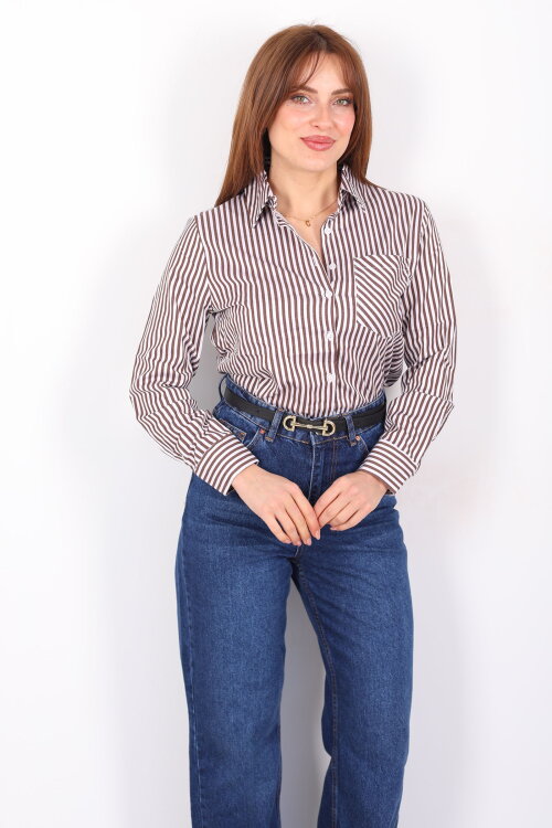 Tek Cepli Çizgili Kadın Kahverengi Poplin Gömlek - Berox